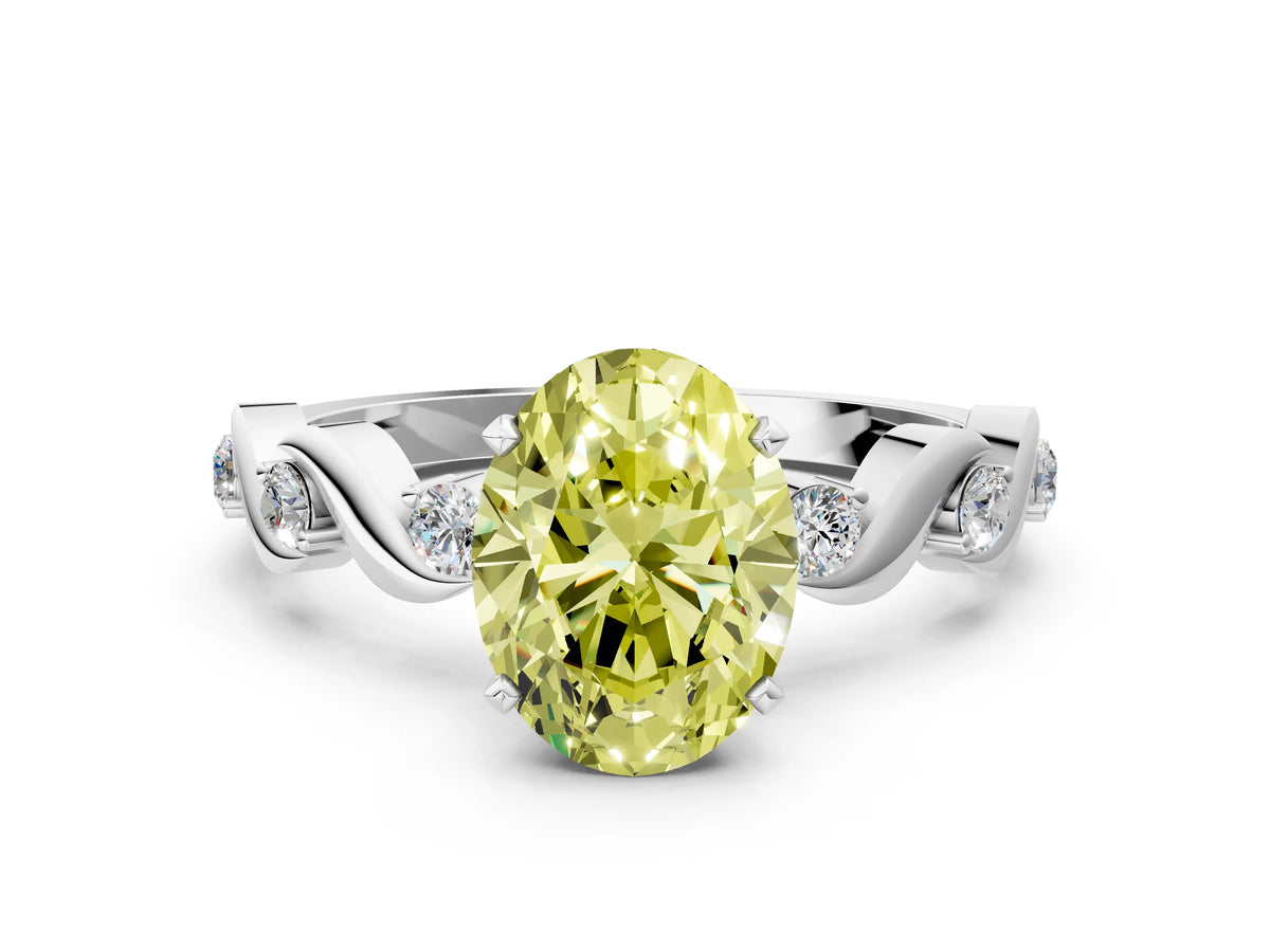 Fancy Yellow Oval Cut Diamond Solitaire Ring in Silver with Twisted Ribbon Band and Round Accents
