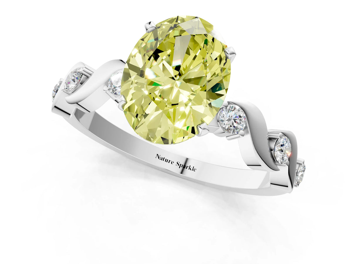 Fancy Yellow Oval Cut Diamond Solitaire Ring in Silver with Twisted Ribbon Band and Round Accents_1