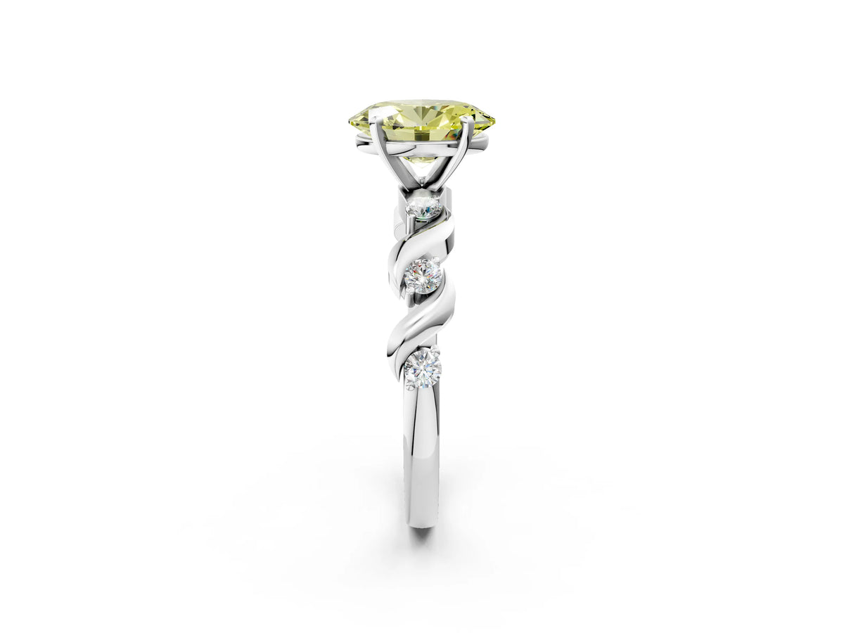 Fancy Yellow Oval Cut Diamond Solitaire Ring in Silver with Twisted Ribbon Band and Round Accents_2