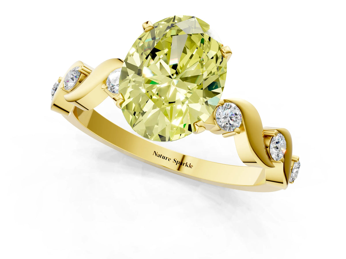 Fancy Yellow Oval Cut Diamond Solitaire Ring in Yellow gold with Twisted Ribbon Band and Round Accents_1