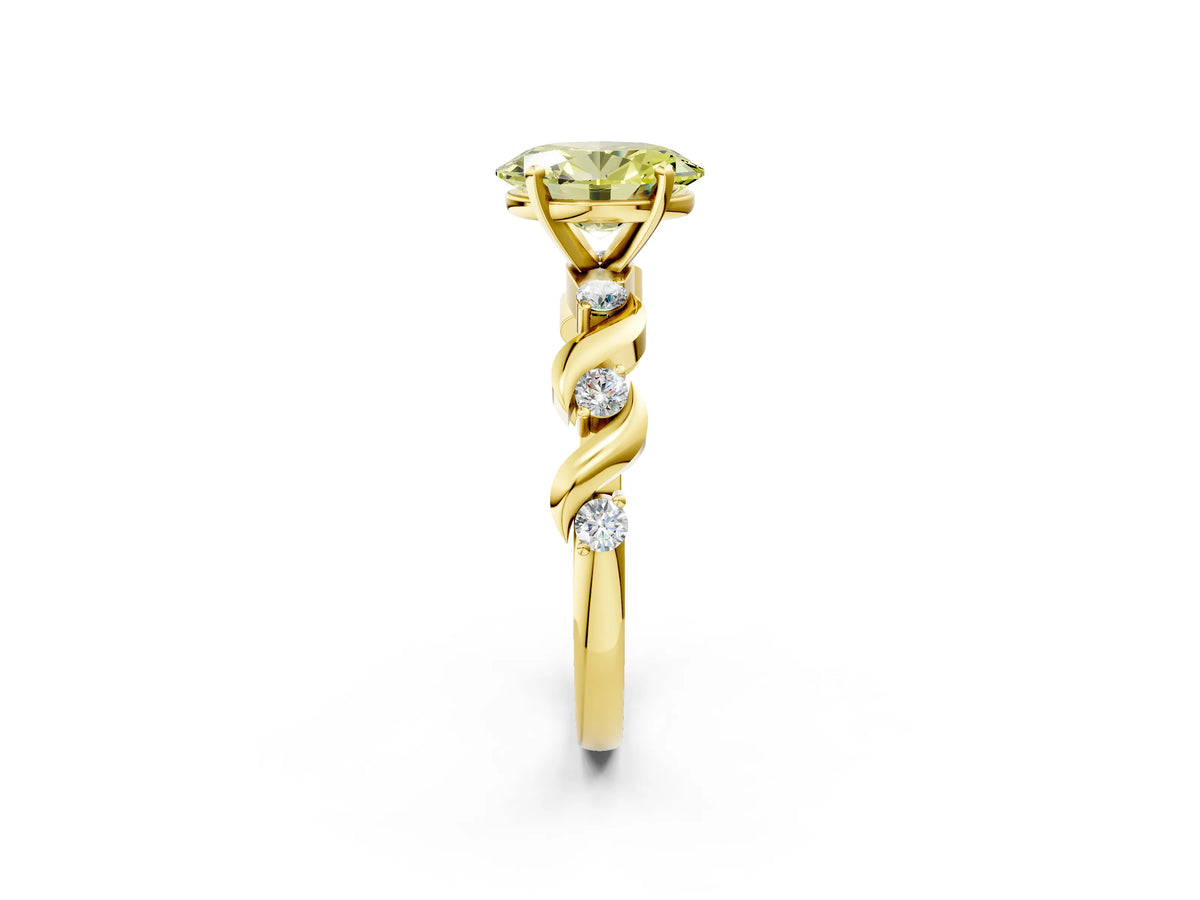 Fancy Yellow Oval Cut Diamond Solitaire Ring in Yellow gold with Twisted Ribbon Band and Round Accents_2