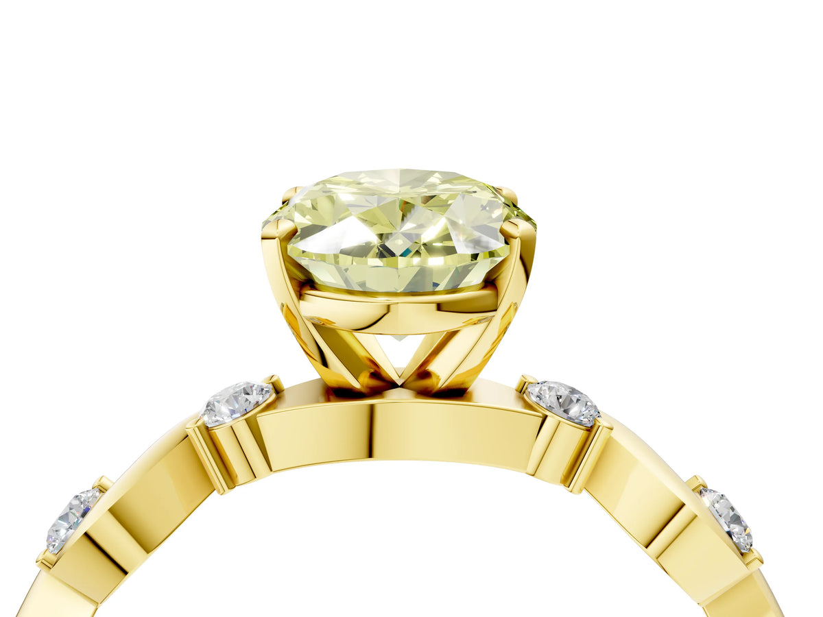 Fancy Yellow Oval Cut Diamond Solitaire Ring in Yellow gold with Twisted Ribbon Band and Round Accents_4