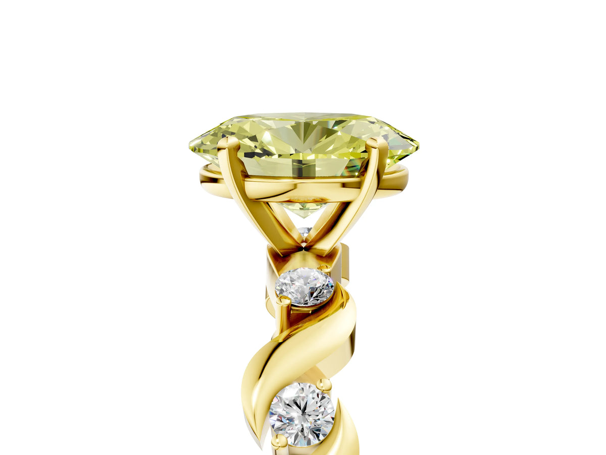 Fancy Yellow Oval Cut Diamond Solitaire Ring in Yellow gold with Twisted Ribbon Band and Round Accents_5