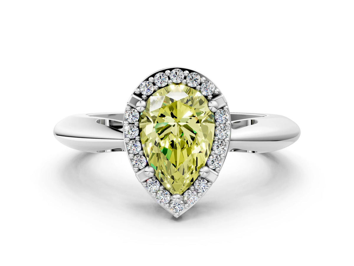 Fancy Yellow Pear Cut Diamond Halo Engagement Ring in Silver with Plain Split Shank and Prong Setting_12