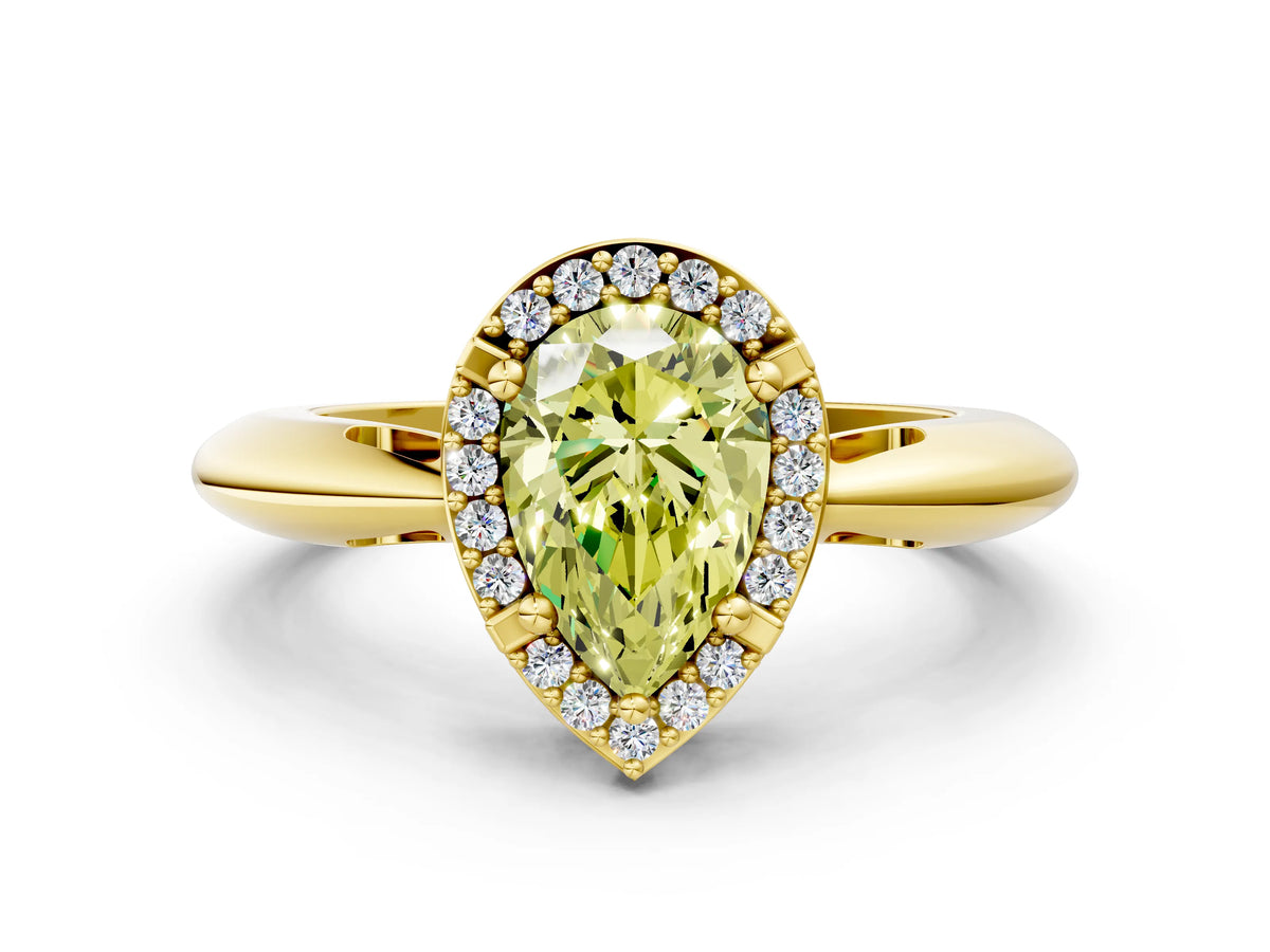 Fancy Yellow Pear Cut Diamond Halo Engagement Ring in Yellow gold with Plain Split Shank and Prong Setting