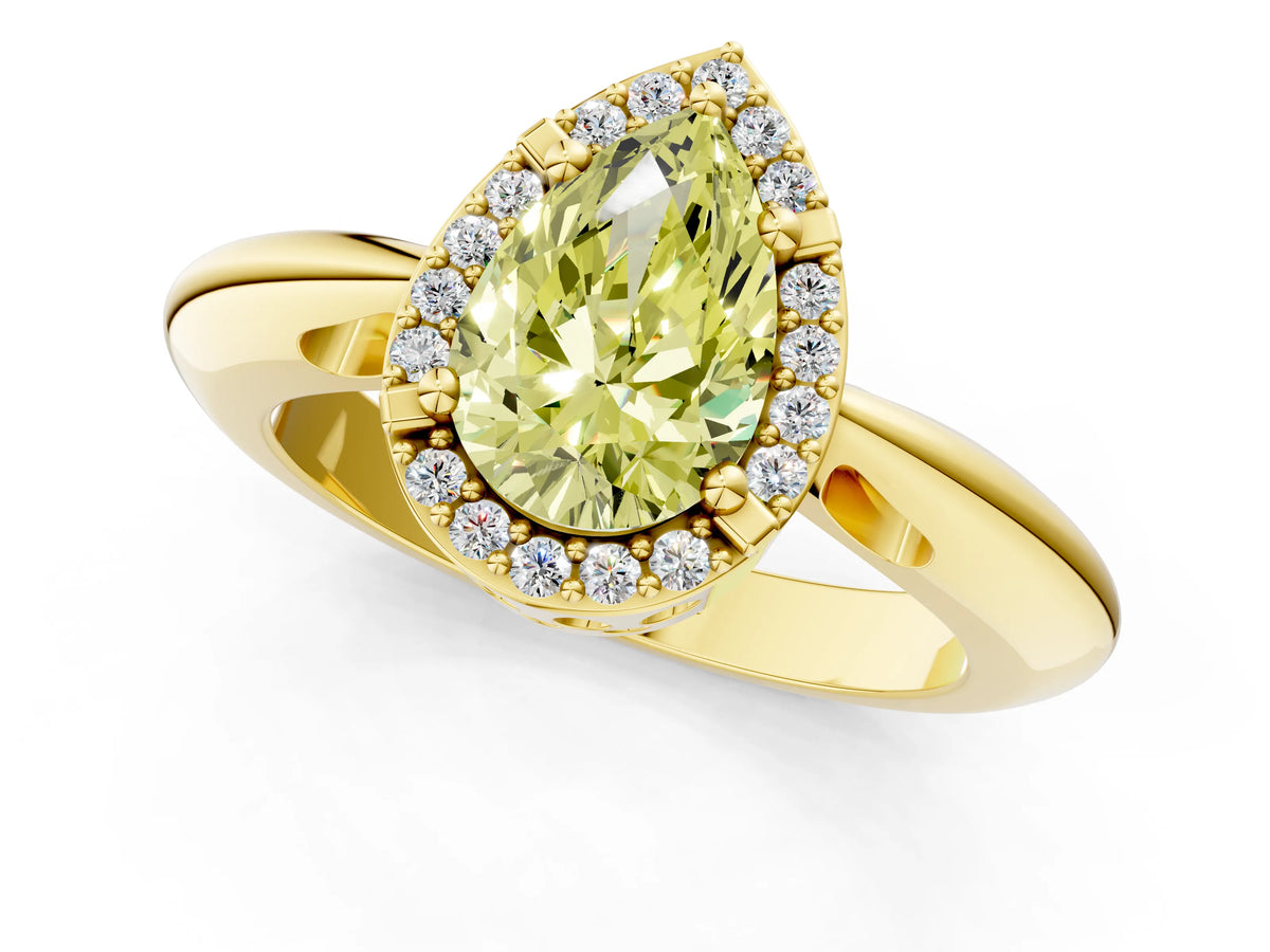 Fancy Yellow Pear Cut Diamond Halo Engagement Ring in Yellow gold with Plain Split Shank and Prong Setting_1