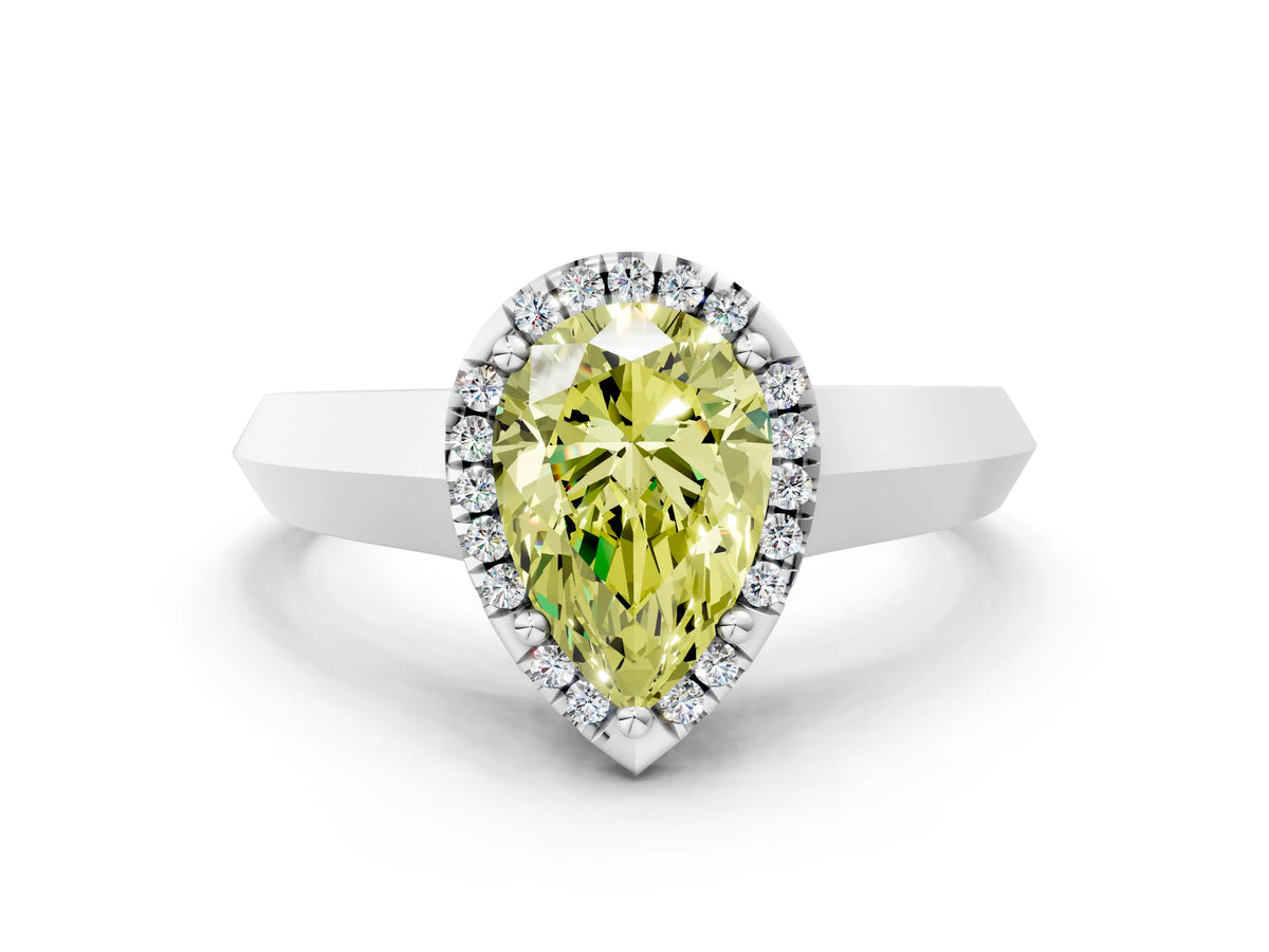Fancy Yellow Pear Cut Diamond Halo Ring in Platinum with Cathedral Band and Prong Setting_6