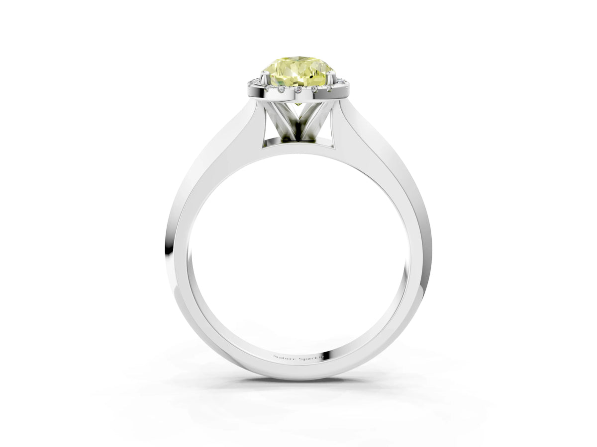 Fancy Yellow Pear Cut Diamond Halo Ring in Platinum with Cathedral Band and Prong Setting_9