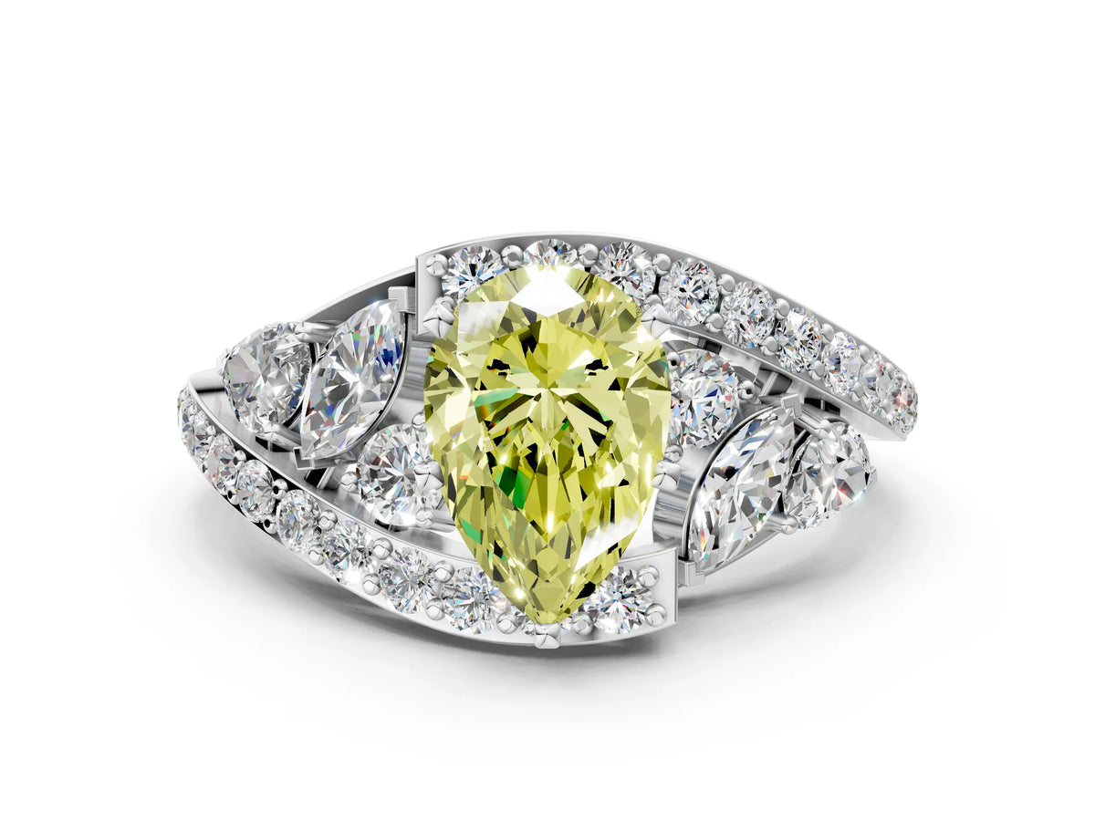 Fancy Yellow Pear Cut Diamond Halo Ring in Platinum with Marquise and Pavé Band in Prong Setting_12