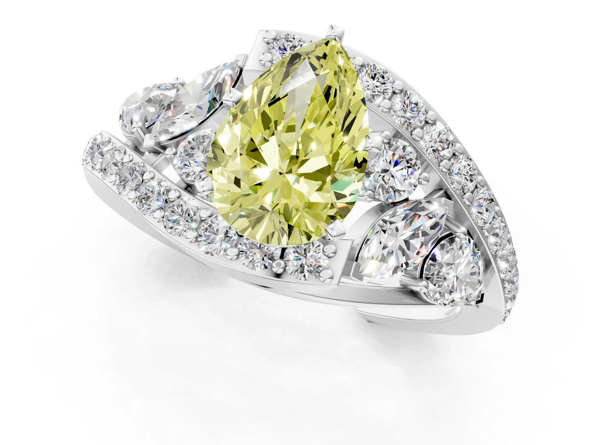 Fancy Yellow Pear Cut Diamond Halo Ring in Platinum with Marquise and Pavé Band in Prong Setting_13