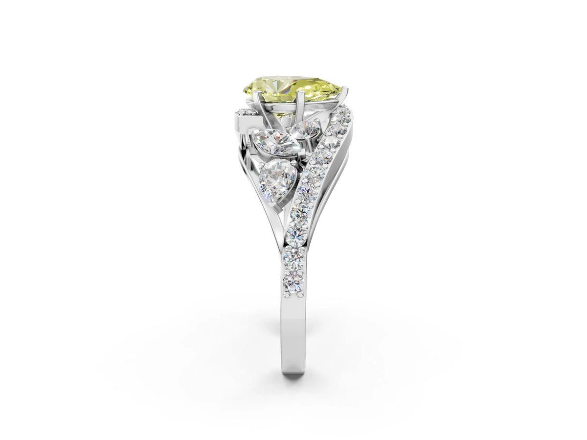 Fancy Yellow Pear Cut Diamond Halo Ring in Platinum with Marquise and Pavé Band in Prong Setting_14