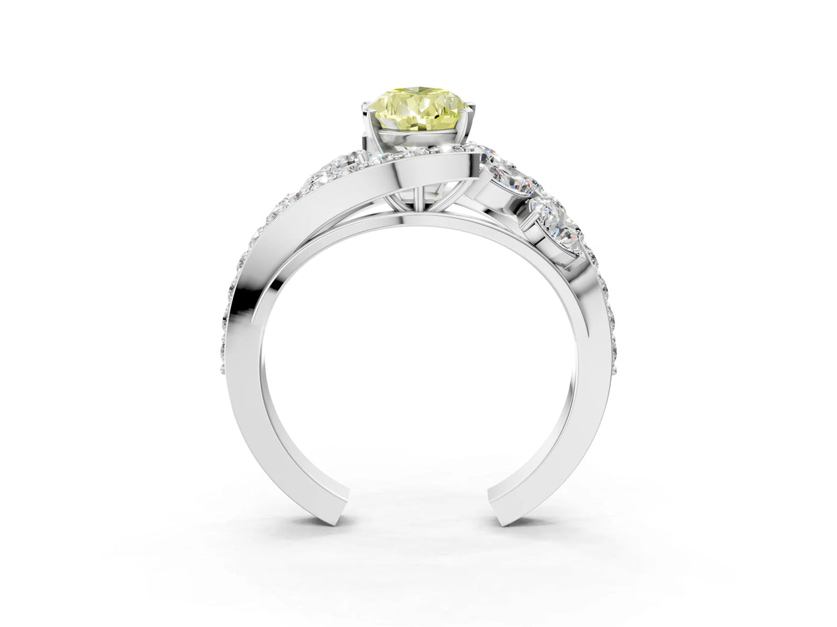 Fancy Yellow Pear Cut Diamond Halo Ring in Platinum with Marquise and Pavé Band in Prong Setting_15