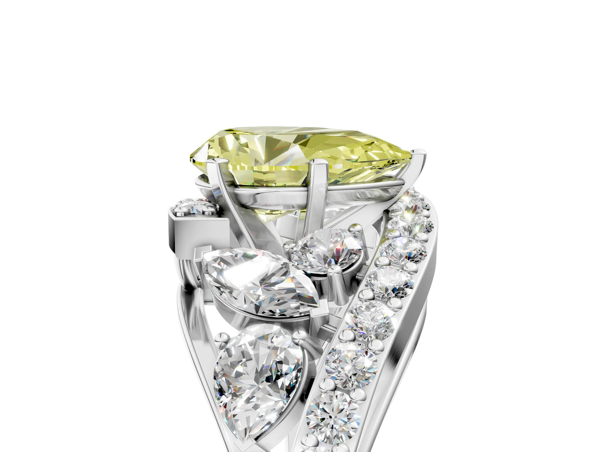 Fancy Yellow Pear Cut Diamond Halo Ring in Platinum with Marquise and Pavé Band in Prong Setting_17