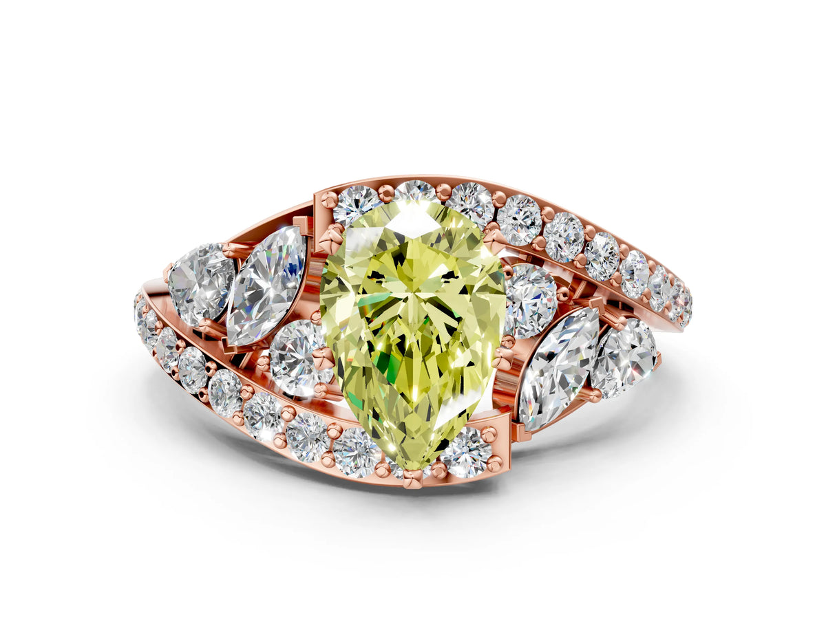 Fancy Yellow Pear Cut Diamond Halo Ring in Rose gold with Marquise and Pavé Band in Prong Setting