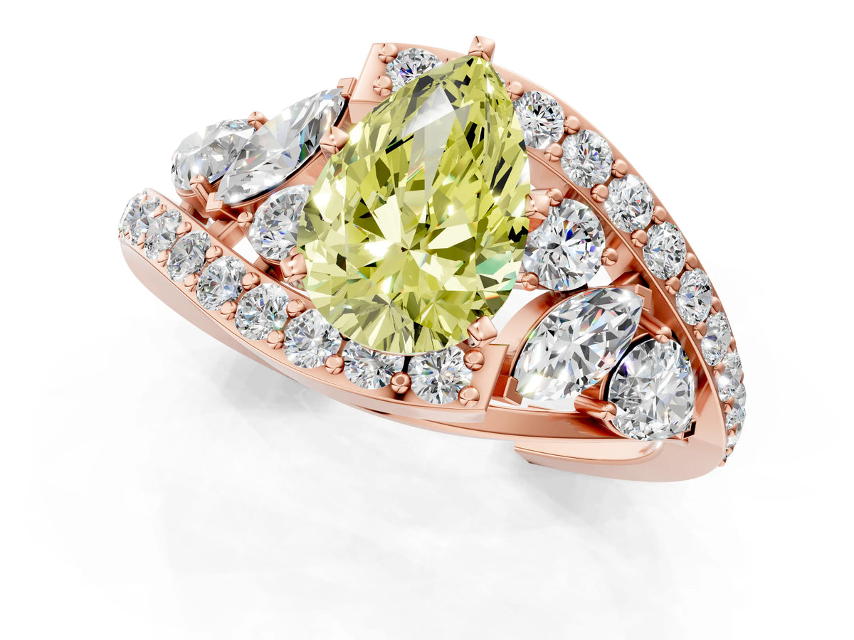Fancy Yellow Pear Cut Diamond Halo Ring in Rose gold with Marquise and Pavé Band in Prong Setting_1