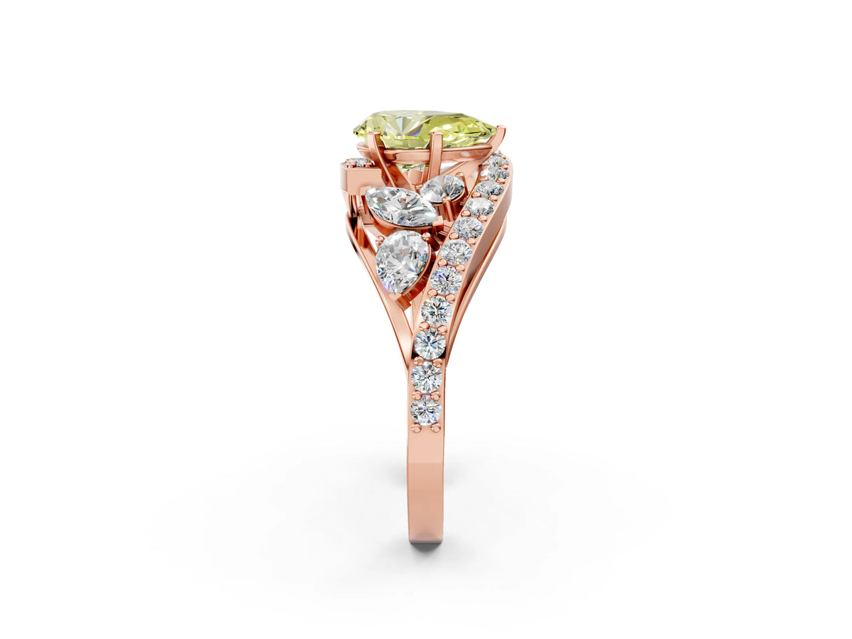 Fancy Yellow Pear Cut Diamond Halo Ring in Rose gold with Marquise and Pavé Band in Prong Setting_2