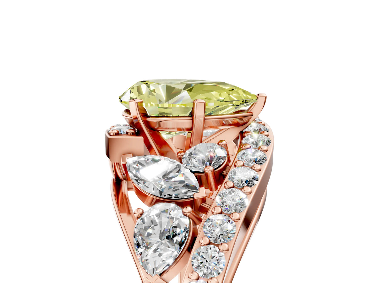 Fancy Yellow Pear Cut Diamond Halo Ring in Rose gold with Marquise and Pavé Band in Prong Setting_5