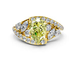 Fancy Yellow Pear Cut Diamond Halo Ring in Yellow gold with Marquise and Pavé Band in Prong Setting