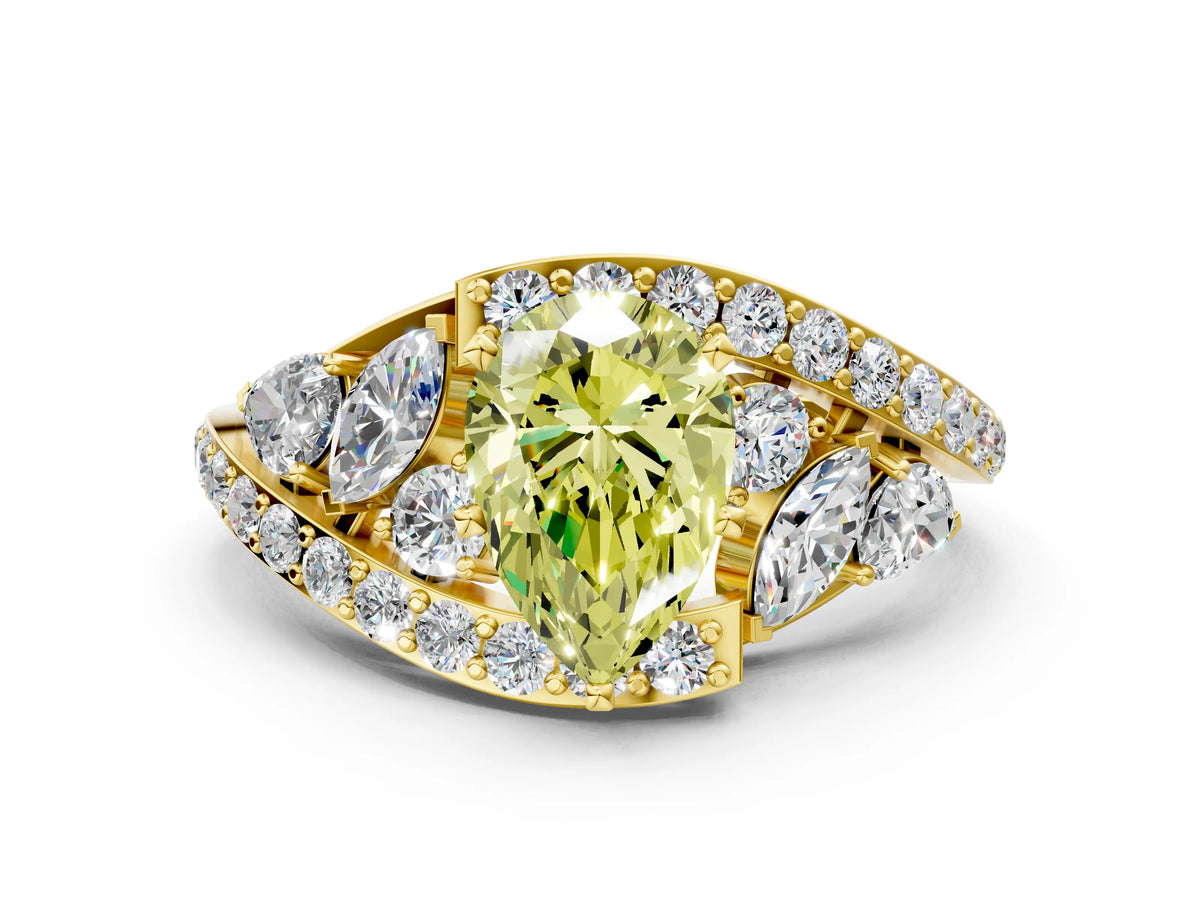 Fancy Yellow Pear Cut Diamond Halo Ring in Yellow gold with Marquise and Pavé Band in Prong Setting