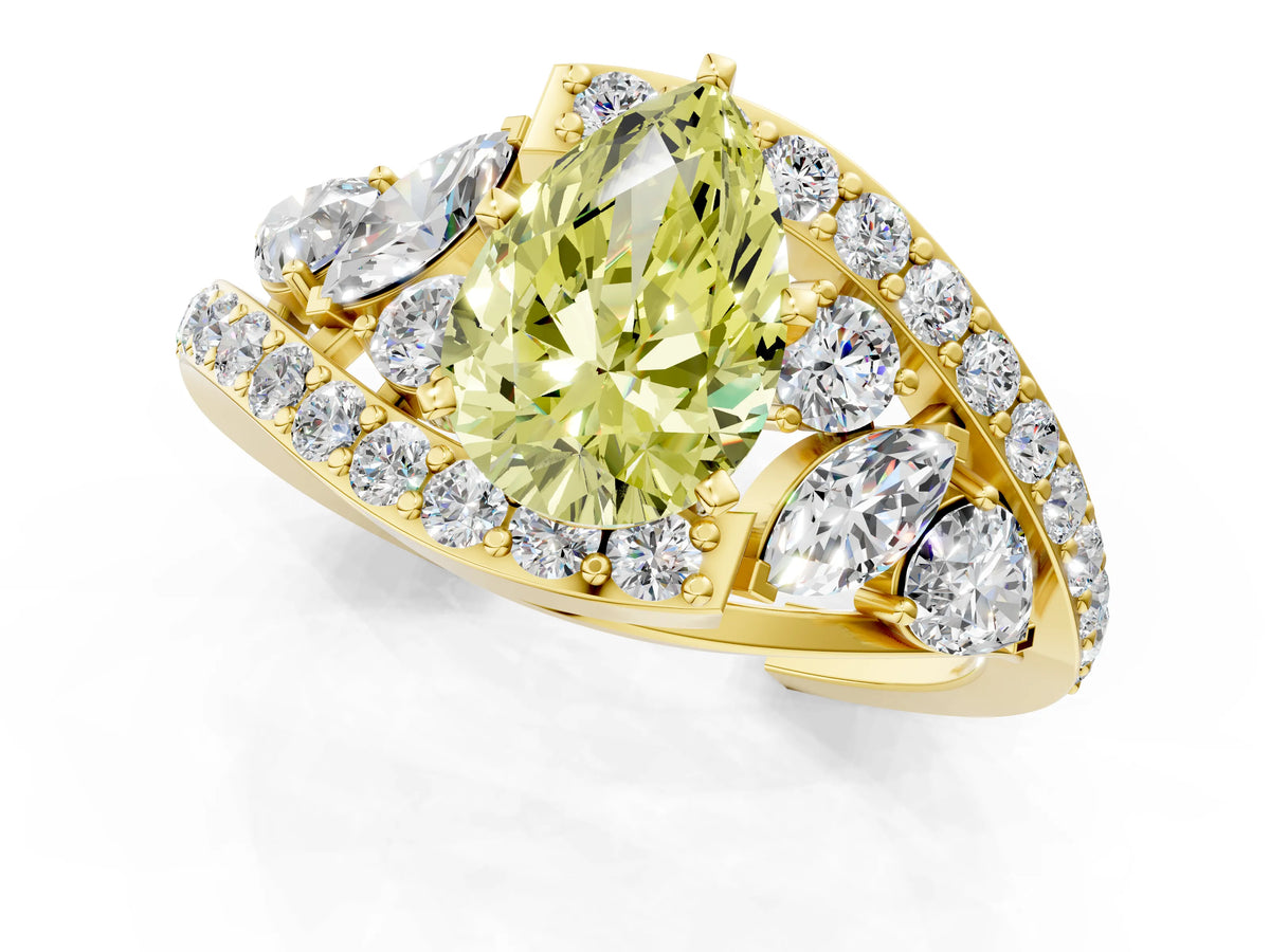 Fancy Yellow Pear Cut Diamond Halo Ring in Yellow gold with Marquise and Pavé Band in Prong Setting_1