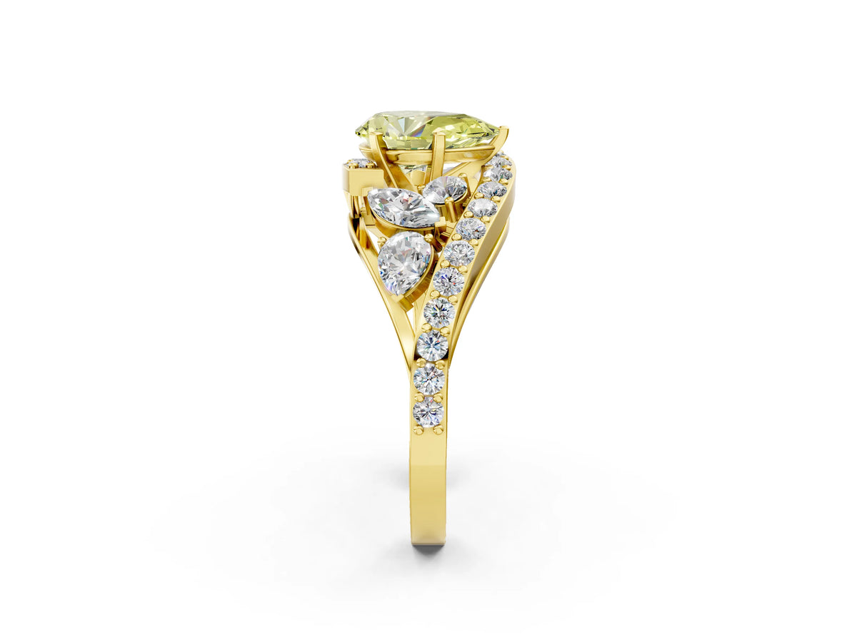 Fancy Yellow Pear Cut Diamond Halo Ring in Yellow gold with Marquise and Pavé Band in Prong Setting_2