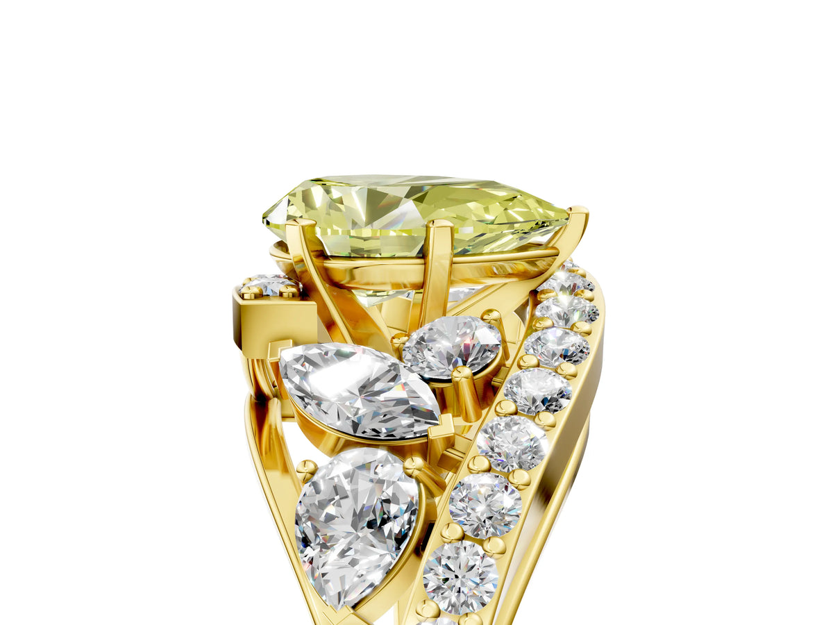 Fancy Yellow Pear Cut Diamond Halo Ring in Yellow gold with Marquise and Pavé Band in Prong Setting_5