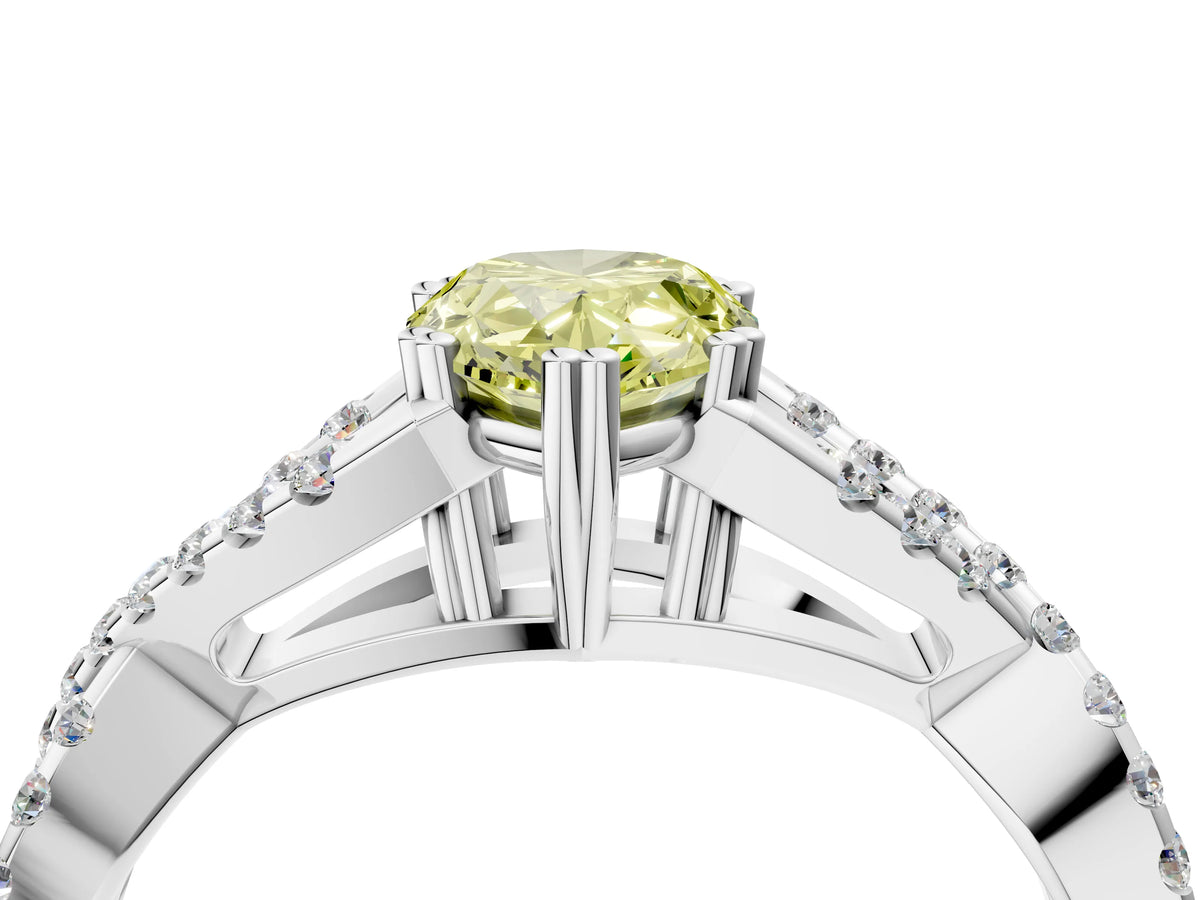 Fancy Yellow Pear Cut Diamond Solitaire Ring in Platinum with Interwoven Pavé Band and Prong Setting_10
