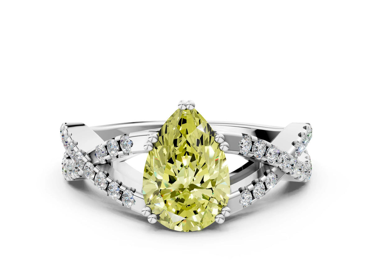 Fancy Yellow Pear Cut Diamond Solitaire Ring in Platinum with Interwoven Pavé Band and Prong Setting_6