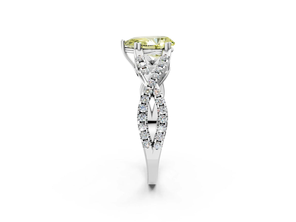 Fancy Yellow Pear Cut Diamond Solitaire Ring in Platinum with Interwoven Pavé Band and Prong Setting_8