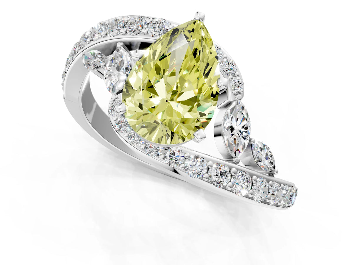 Fancy Yellow Pear Cut Diamond Solitaire Ring in Platinum with Pavé Twist Band and Prong Setting_7