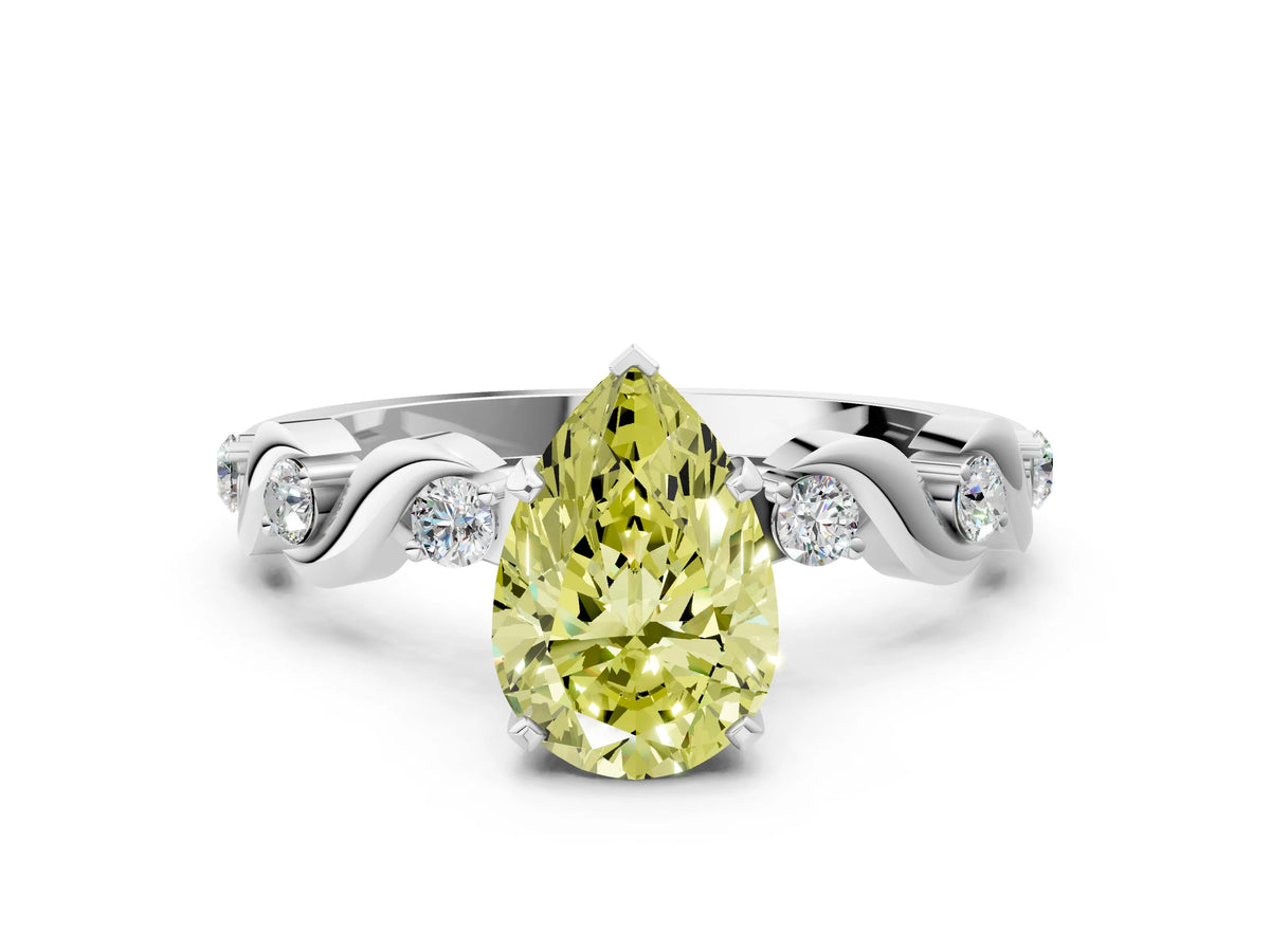 Fancy Yellow Pear Cut Diamond Solitaire Ring in Platinum with Twisted Ribbon Band and Round Accents