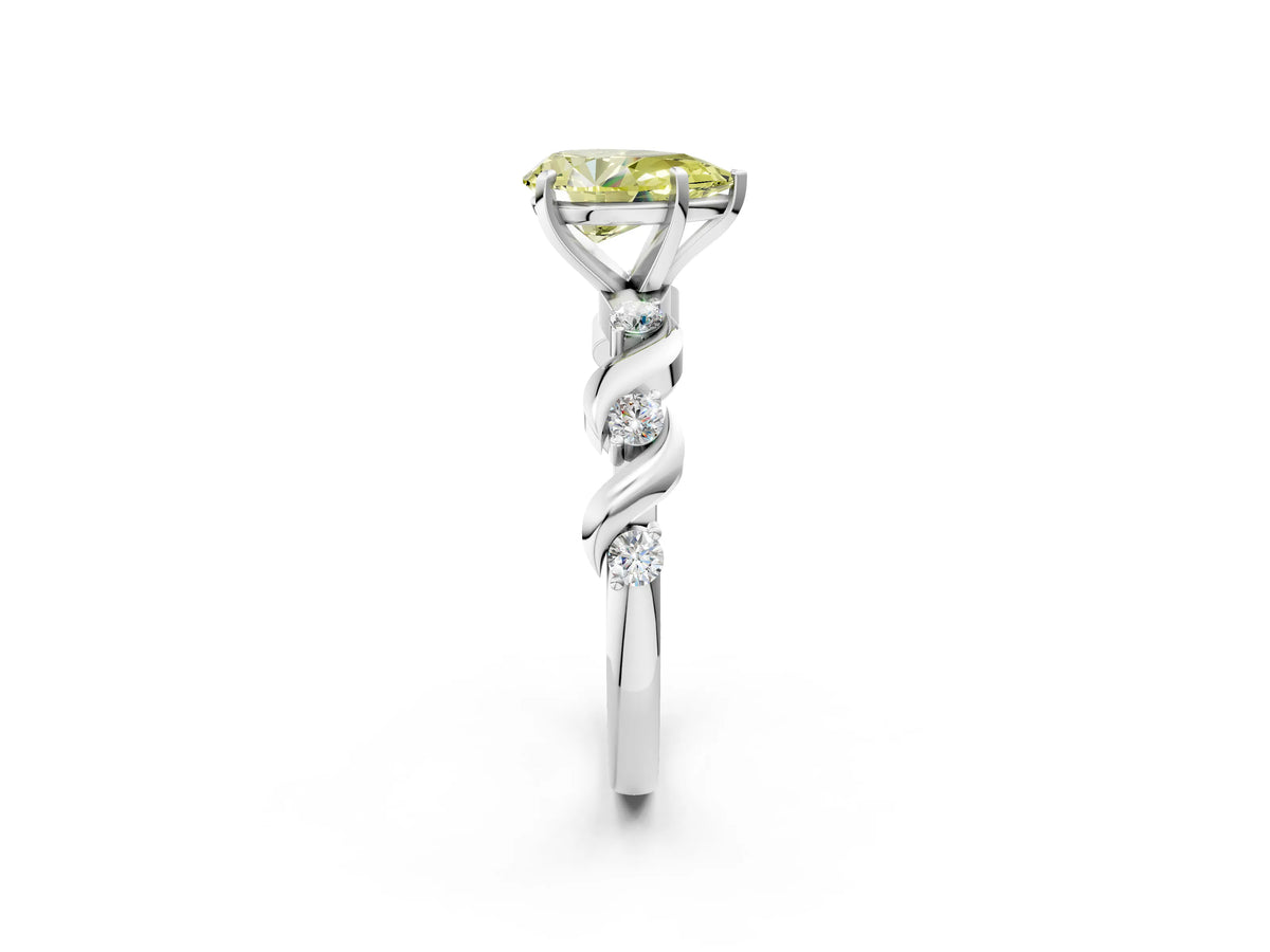Fancy Yellow Pear Cut Diamond Solitaire Ring in Platinum with Twisted Ribbon Band and Round Accents_2