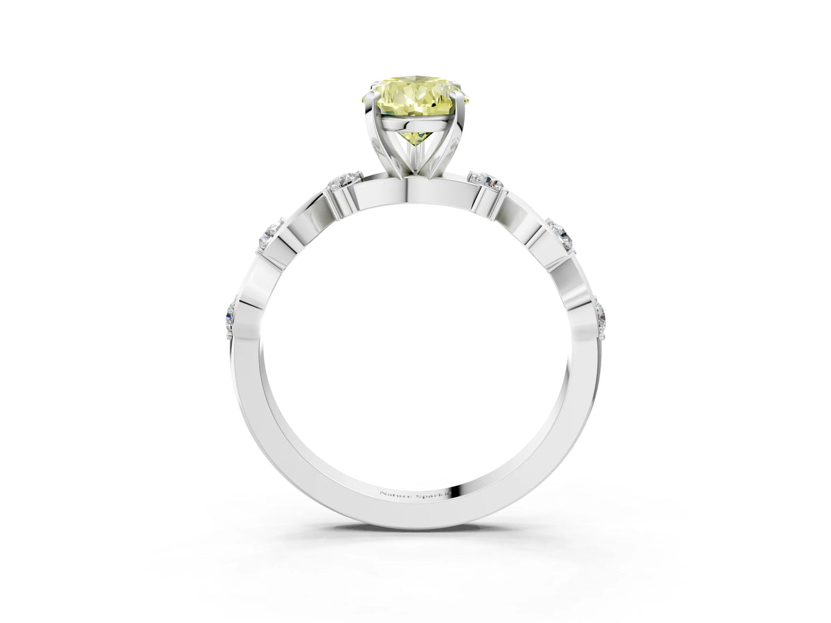 Fancy Yellow Pear Cut Diamond Solitaire Ring in Platinum with Twisted Ribbon Band and Round Accents_3