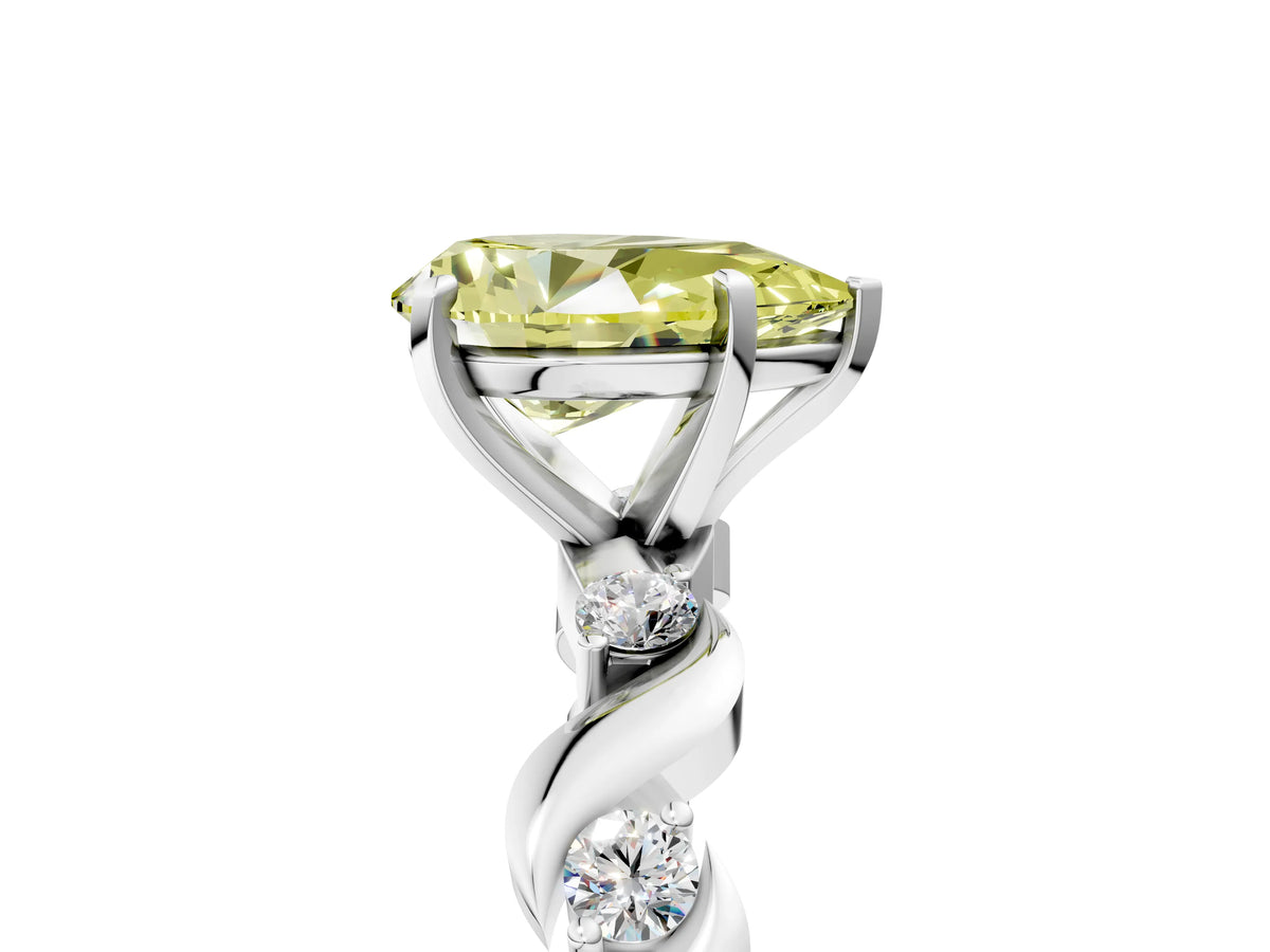 Fancy Yellow Pear Cut Diamond Solitaire Ring in Platinum with Twisted Ribbon Band and Round Accents_5