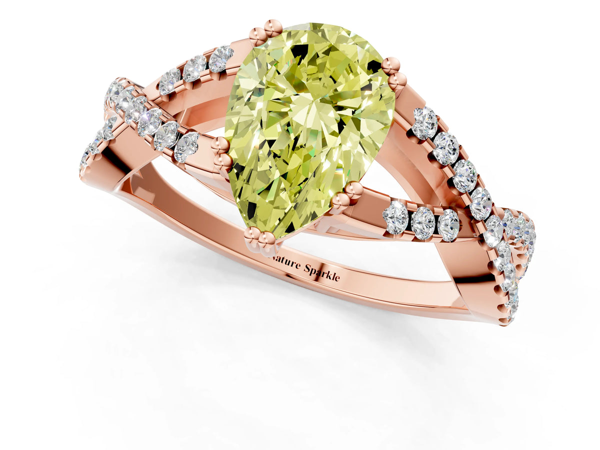 Fancy Yellow Pear Cut Diamond Solitaire Ring in Rose gold with Interwoven Pavé Band and Prong Setting_1