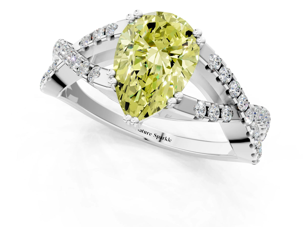 Fancy Yellow Pear Cut Diamond Solitaire Ring in White gold with Interwoven Pavé Band and Prong Setting_1
