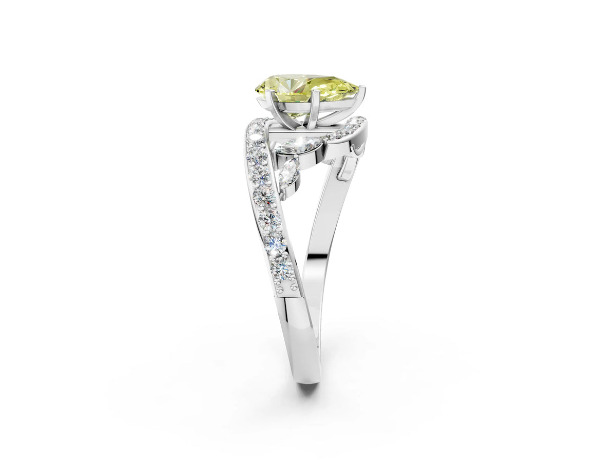 Fancy Yellow Pear Cut Diamond Solitaire Ring in White gold with Pavé Twist Band and Prong Setting_2