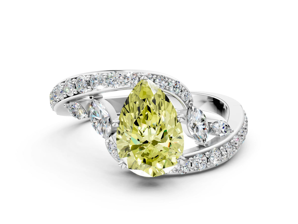 Fancy Yellow Pear Cut Diamond Solitaire Ring in White gold with Pavé Twist Band and Prong Setting