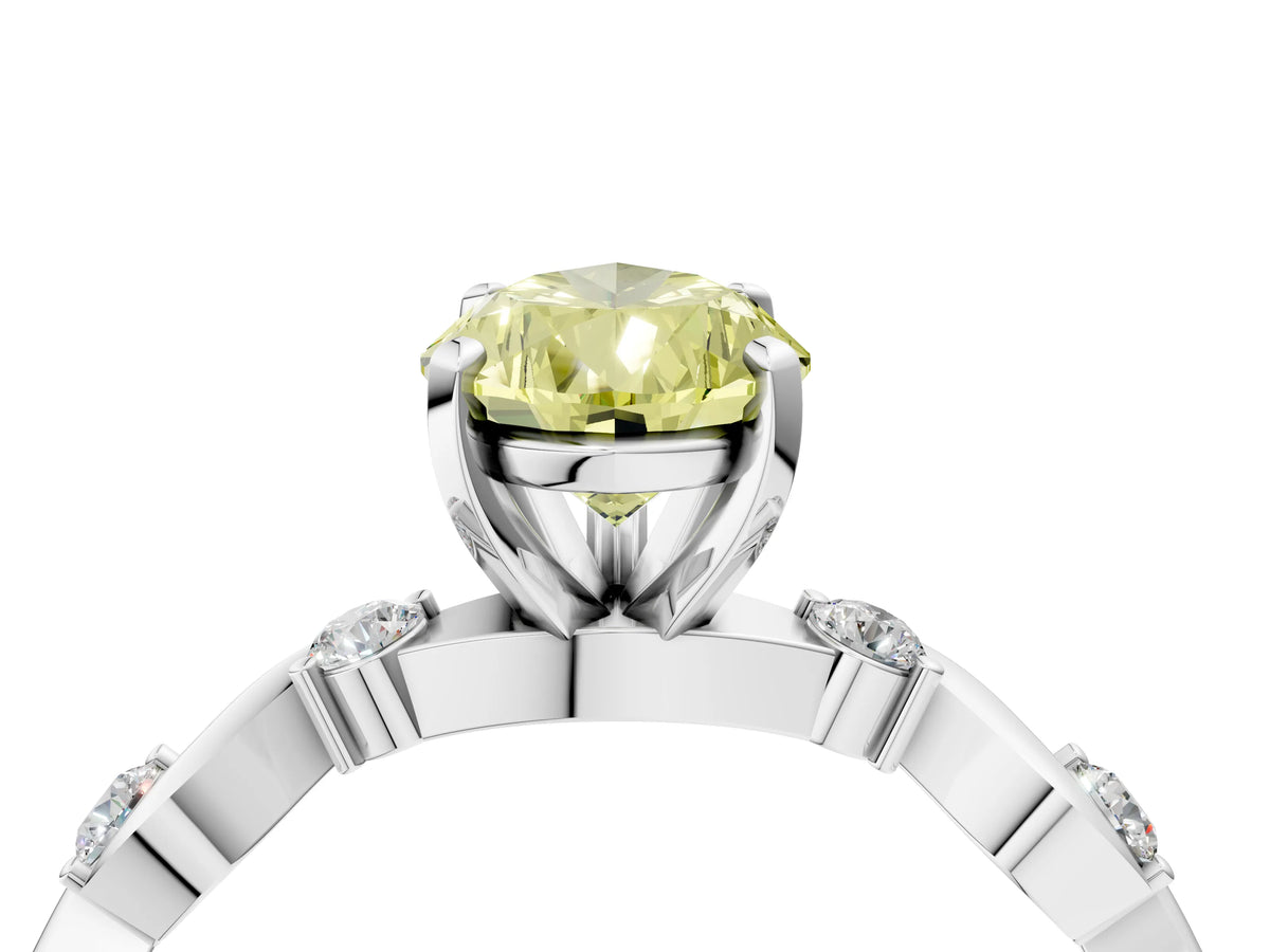 Fancy Yellow Pear Cut Diamond Solitaire Ring in White gold with Twisted Ribbon Band and Round Accents_4