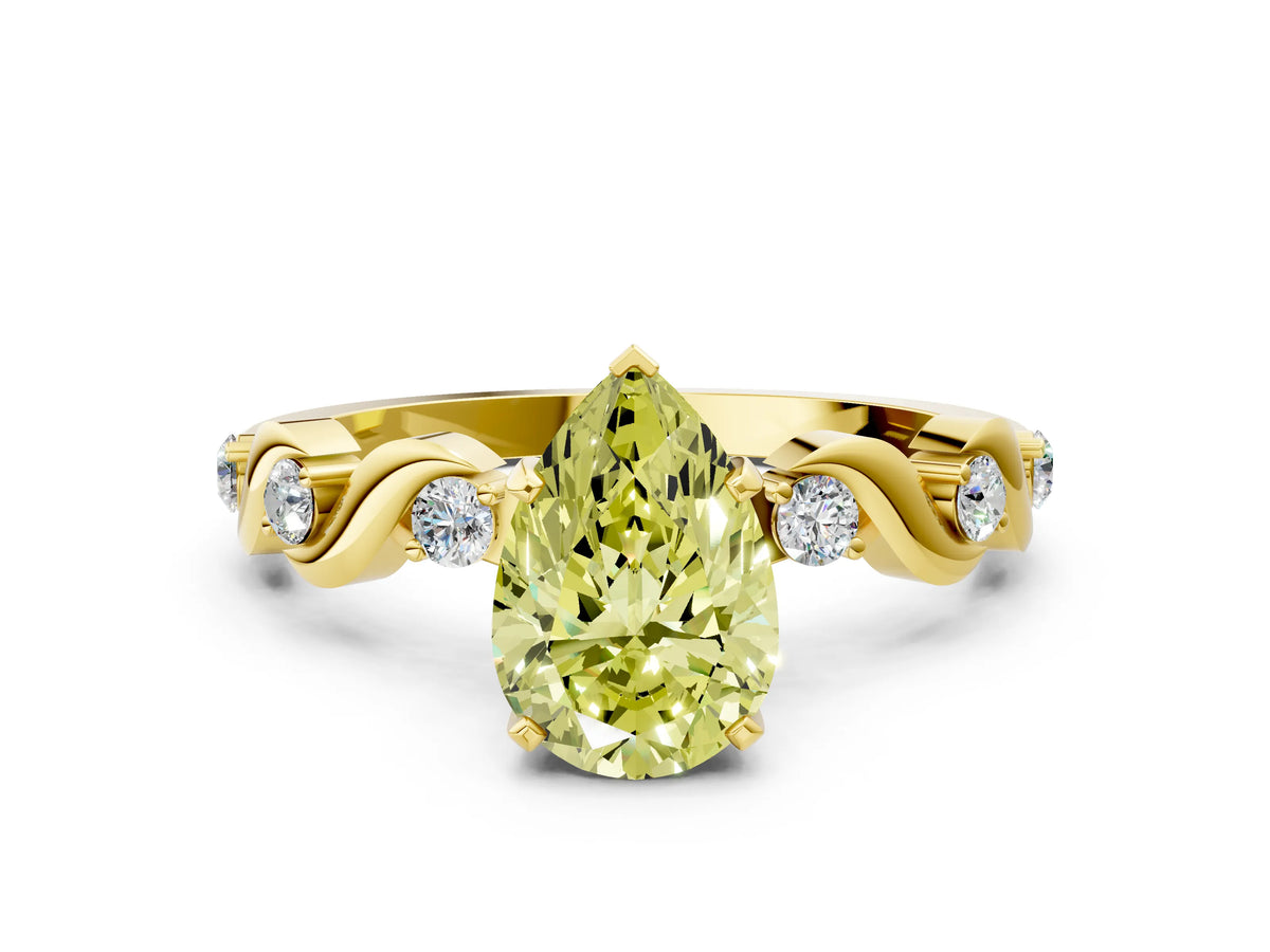 Fancy Yellow Pear Cut Diamond Solitaire Ring in Yellow gold with Twisted Ribbon Band and Round Accents