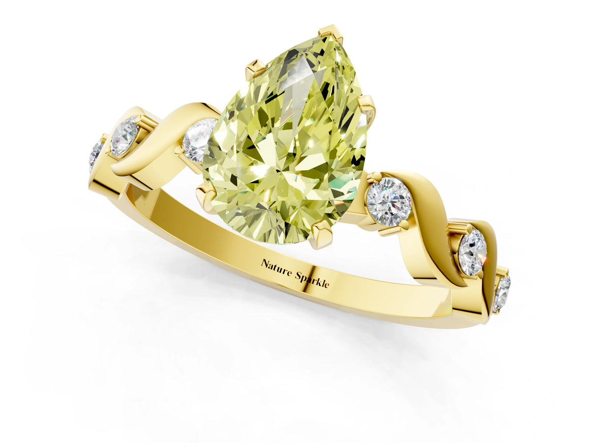 Fancy Yellow Pear Cut Diamond Solitaire Ring in Yellow gold with Twisted Ribbon Band and Round Accents_1