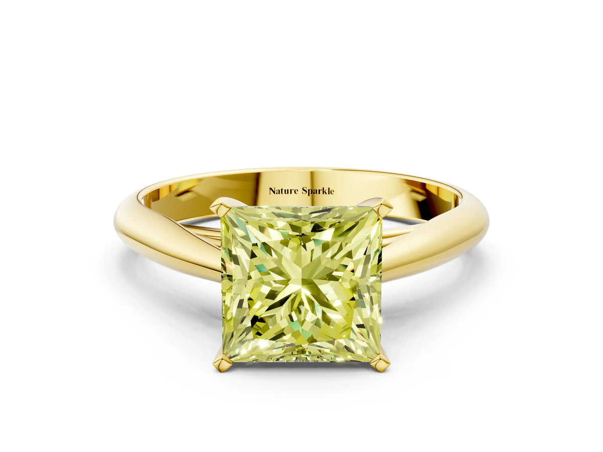 Fancy Yellow Princess Cut Diamond Cathedral Solitaire Engagement Ring in Yellow gold with Prong Setting