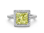 Fancy Yellow Princess Cut Diamond Halo Engagement Ring in Platinum with Milgrain Detail and Pavé Band_12