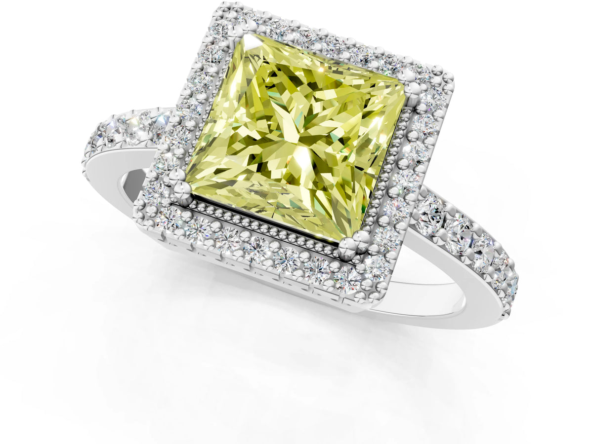 Fancy Yellow Princess Cut Diamond Halo Engagement Ring in Platinum with Milgrain Detail and Pavé Band_13