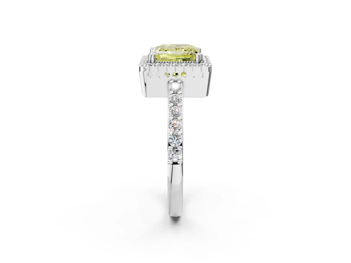 Fancy Yellow Princess Cut Diamond Halo Engagement Ring in Platinum with Milgrain Detail and Pavé Band_14