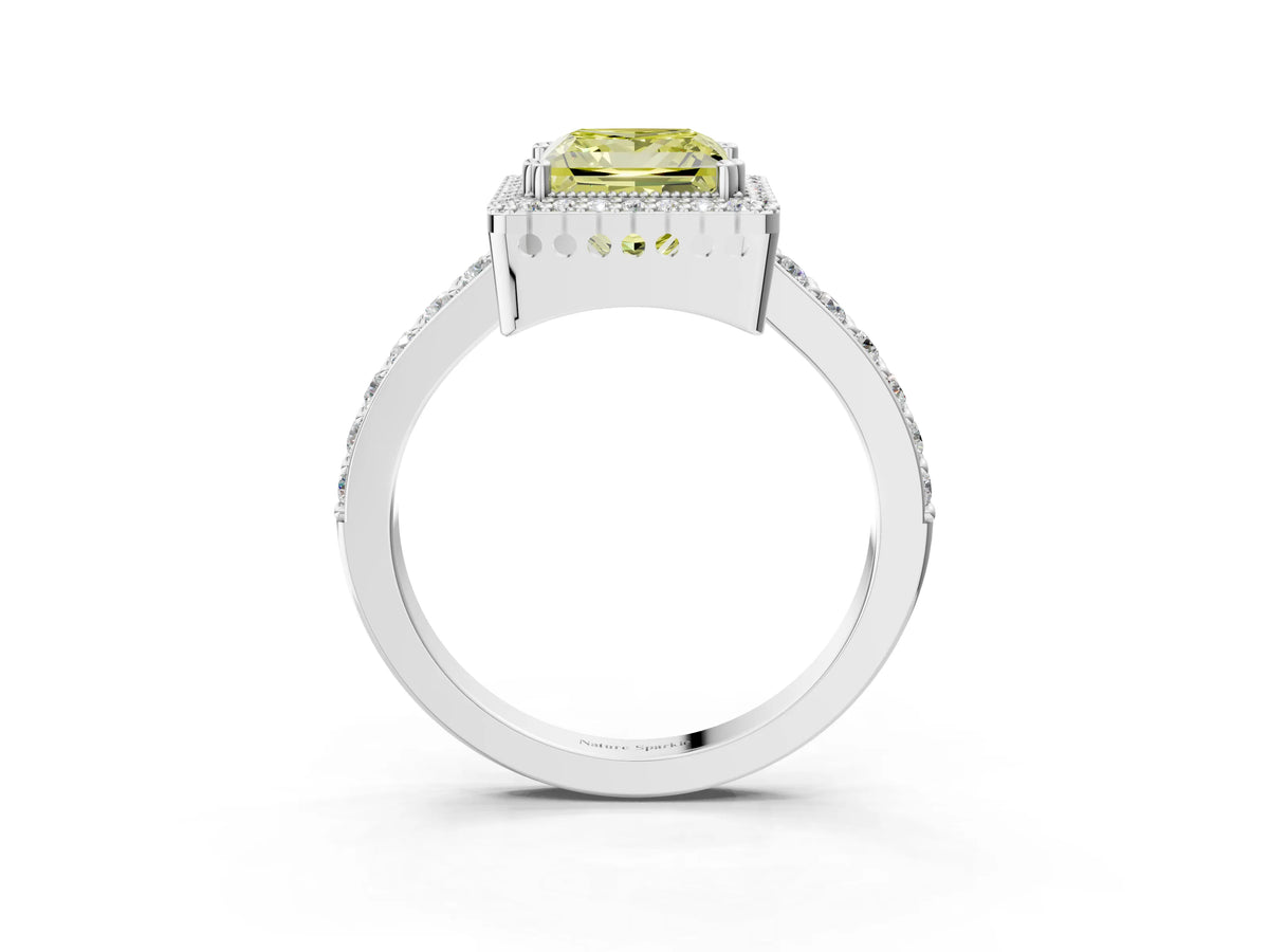 Fancy Yellow Princess Cut Diamond Halo Engagement Ring in Platinum with Milgrain Detail and Pavé Band_15