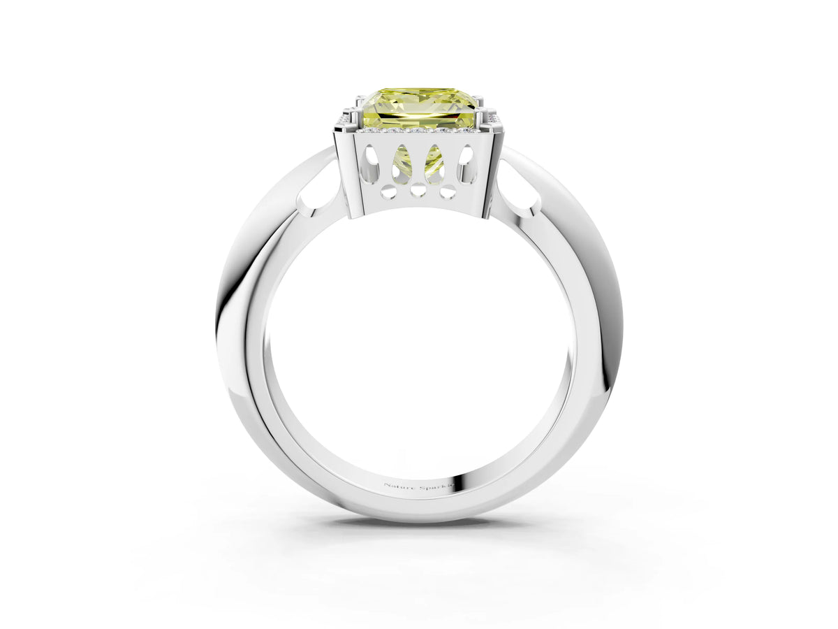 Fancy Yellow Princess Cut Diamond Halo Engagement Ring in Platinum with Plain Split Shank and Prong Setting_15