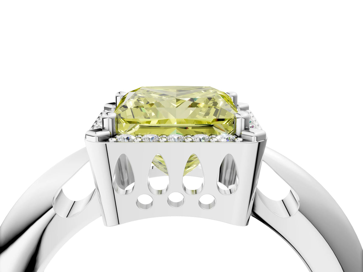 Fancy Yellow Princess Cut Diamond Halo Engagement Ring in Platinum with Plain Split Shank and Prong Setting_16