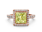 Fancy Yellow Princess Cut Diamond Halo Engagement Ring in Rose gold with Milgrain Detail and Pavé Band