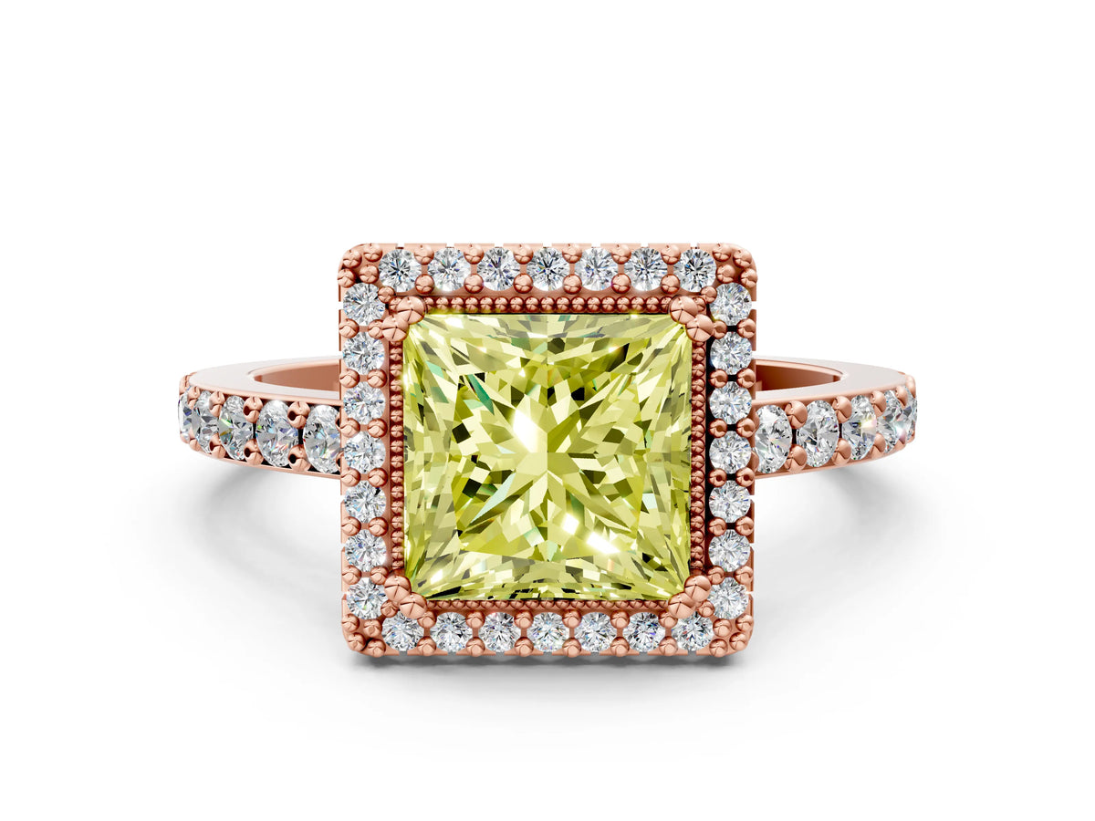 Fancy Yellow Princess Cut Diamond Halo Engagement Ring in Rose gold with Milgrain Detail and Pavé Band